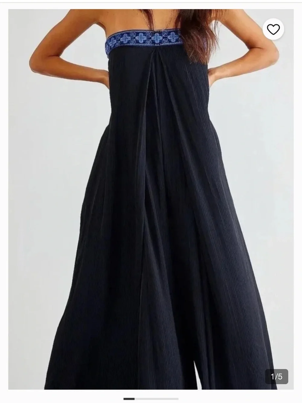 Free People Strapless Wide-Leg Jumpsuit with Blue Embroidered Trim
